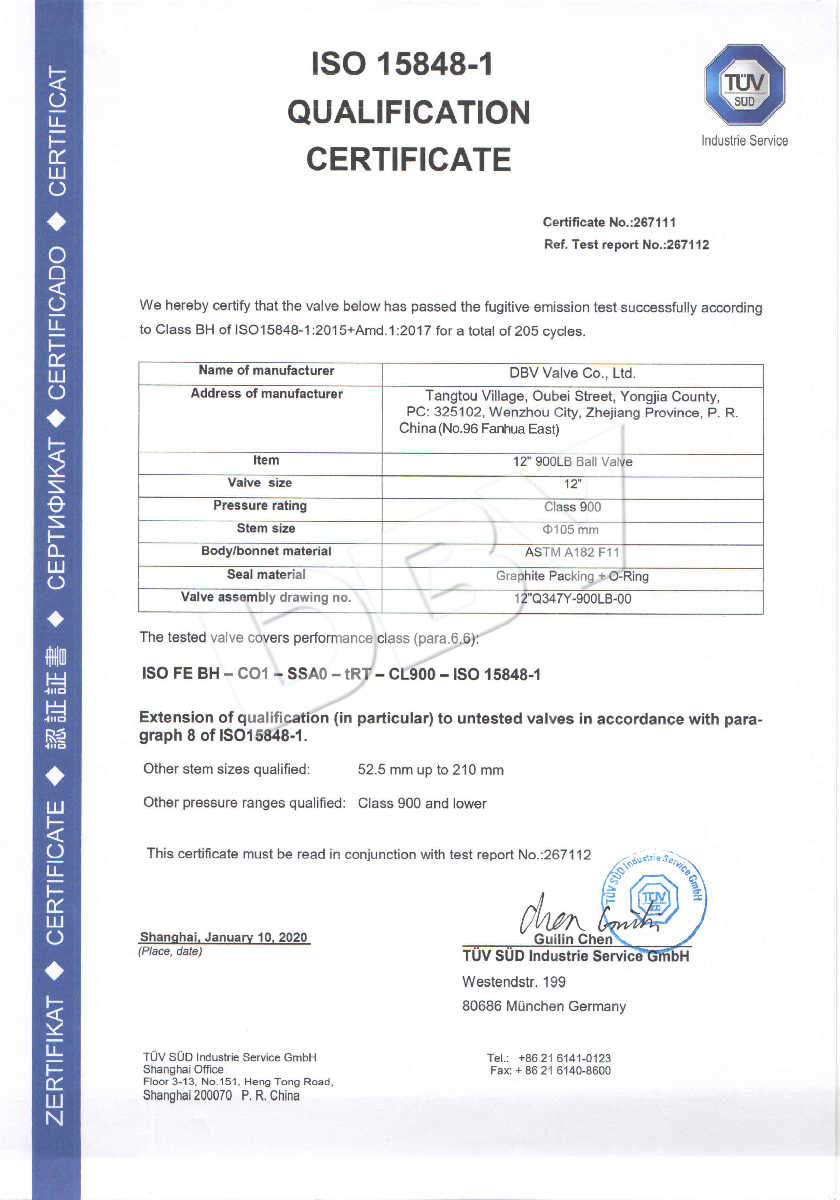 Ball valve low leakage certificate 12 900LB